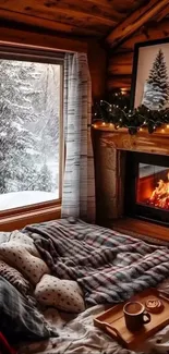 Cozy cabin interior with a snowy view and warm fireplace.