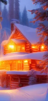 Glowing cabin in snowy winter forest scene