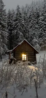 Cozy cabin amidst snowy forest with glowing light.