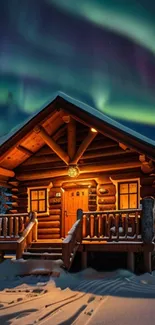 Wooden cabin under the aurora borealis with snow.