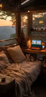 Cozy cabin with view of sunset through large windows, perfect for mobile wallpaper.