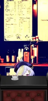 Anime character peeking over cafe counter with warm tones and a cozy vibe.