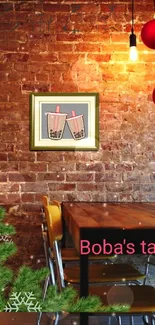 Cozy cafe wallpaper with bubble tea artwork, brick wall, and holiday decorations.