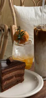 Delicious chocolate cake and iced coffee in a cozy cafe setting with wicker chairs.