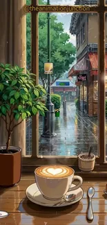 Cozy cafe table with rainy city view outside window.