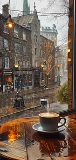 Cozy cafe corner with a rainy view.