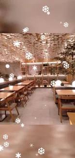 Cozy cafe interior with snowflakes and warm lighting.