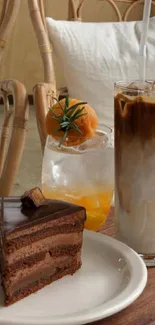 Chocolate cake and iced coffee duo on a cozy café tray.