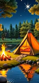 Cozy camp scene with tent, campfire, and starry night in a forest.