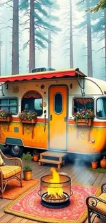 Vintage camper in a cozy forest setting with campfire and chairs.