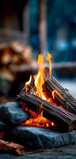 A serene campfire with glowing logs and autumn leaves.