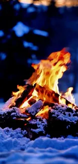 Campfire burning brightly in snowy forest.