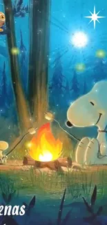 Snoopy and Woodstock by a glowing campfire under a starlit night in a forest setting.