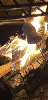 Roasting marshmallows over a campfire with sparks flying.