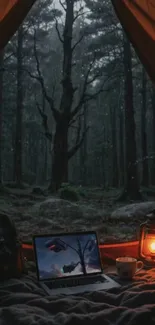 View of a forest from inside a tent at night with a glowing lantern.