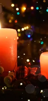 Red candles and festive bokeh lights create a cozy holiday atmosphere.