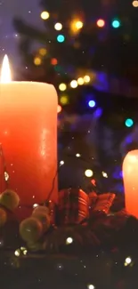 Cozy holiday scene with red candles and twinkling lights.