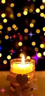 Warm candlelight with festive bokeh background, perfect for holiday ambiance.