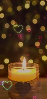 A lit candle with heart overlays and bokeh lights in the background.