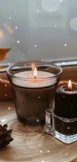 Cozy autumn scene with candles and maple leaf on wooden slice.