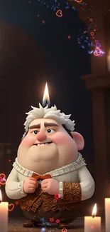 Cartoon character by candlelight in a warm, inviting scene.