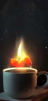 Cup with glowing candle under starry night sky.