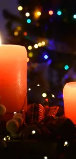 Crimson candles glowing amidst festive holiday lights.