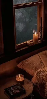 Cozy candlelit room with book by window.