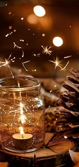Cozy candlelit winter scene with pinecone.