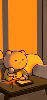 Cartoon bear in a cozy setting with warm orange tones.