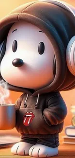 Cartoon character in a hoodie with headphones and coffee.