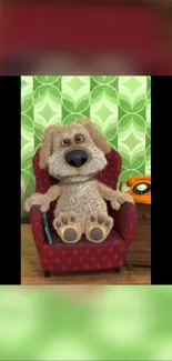 Cozy cartoon dog on red chair with green leaf wallpaper background.