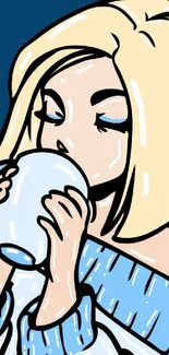 Cartoon girl sipping coffee in blue and beige tones.