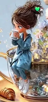 Cartoon girl in teacup city wallpaper.