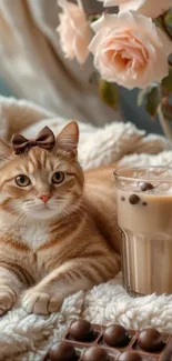 Cat with a bow and iced coffee beside roses on a cozy blanket.