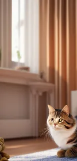 Cat lounging with teddy bear in cozy room setting.