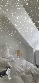 Cozy bedroom wallpaper with a cat and golden sparkles.