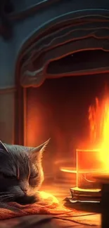 Cat sleeping by a glowing fireplace in a cozy setting.