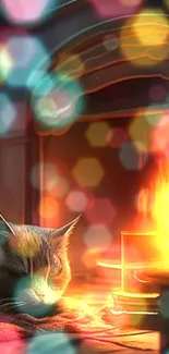 Cozy cat resting by a glowing fireplace with colorful bokeh lights.