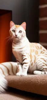 Bengal cat sitting by a glowing fireplace in a cozy room setting.