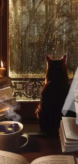 Cat watching rain through a window, surrounded by books and candles.