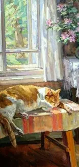 Cozy cat lounging by sunlit window with flowers.