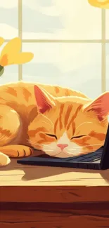 Cozy orange cat sleeping by a laptop with sunlit flowers outside the window.