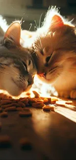 Two cats enjoying sunny moments together on a wooden floor.