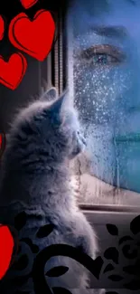 Fluffy cat gazes out window with red hearts and blue hues on wallpaper.