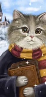 Cat in cozy scarf with a Hogwarts castle backdrop in a fantasy winter scene.