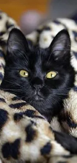 Black cat snuggled in leopard print blanket, cozy phone wallpaper.