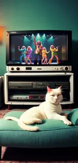 White cat on teal couch in vintage room.