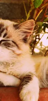 A cozy cat basking in warm sunlight against a natural background.