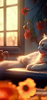 Cat resting by a window in sunset with flowers